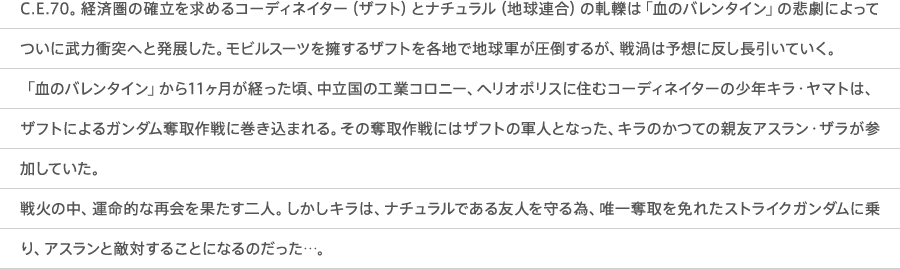 C.E.70。経済圏の確立を求めるコーディネイター（ザフト）とナチュラル（地球連合）の軋轢は「血のバレンタイン」の悲劇によってついに武力衝突へと発展した。モビルスーツを擁するザフトを各地で地球軍が圧倒するが、戦渦は予想に反し長引いていく。「血のバレンタイン」から11ヶ月が経った頃、中立国の工業コロニー、ヘリオポリスに住むコーディネイターの少年キラ・ヤマトは、ザフトによるガンダム奪取作戦に巻き込まれる。その奪取作戦にはザフトの軍人となった、キラのかつての親友アスラン・ザラが参加していた。戦火の中、運命的な再会を果たす二人。しかしキラは、ナチュラルである友人を守る為、唯一奪取を免れたストライクガンダムに乗り、アスランと敵対することになるのだった…。